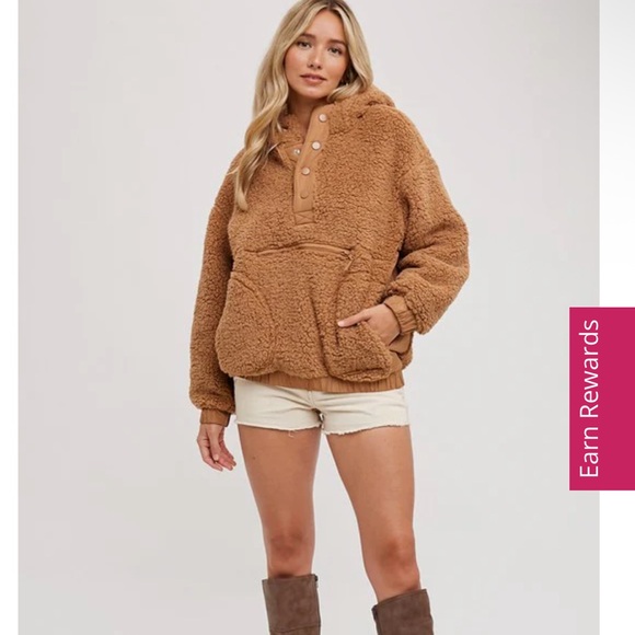 Bluivy Tan Teddy Sherpa Half Button Hooded Jacket - Picture 4 of 10